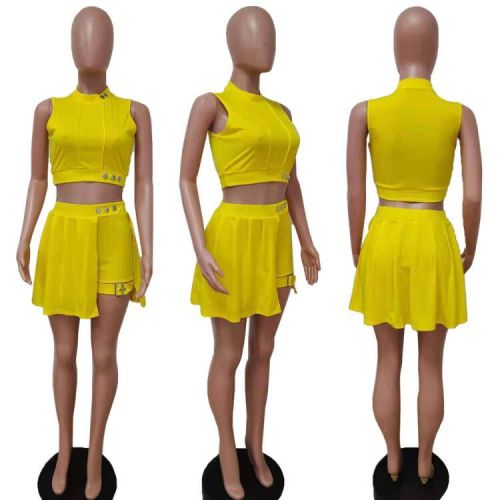 Sleeveless nail buckle shorts skirt two-piece set