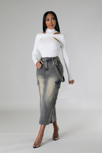 Elastic denim half length skirt