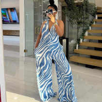 Hanging neck V-neck high waisted backless wide leg jumpsuit