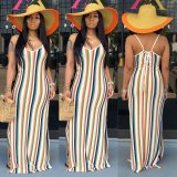Colorful striped backless camisole slit nightclub skirt