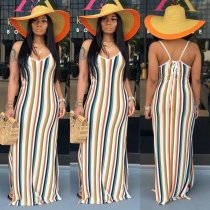 Colorful striped backless camisole slit nightclub skirt
