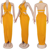Solid color neck hanging deep V split waist skirt