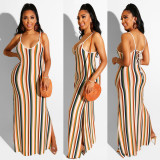 Colorful striped backless camisole slit nightclub skirt