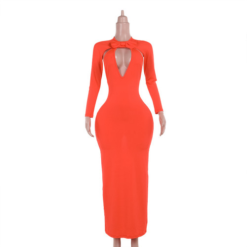 Backless V-neck bow long sleeved dress