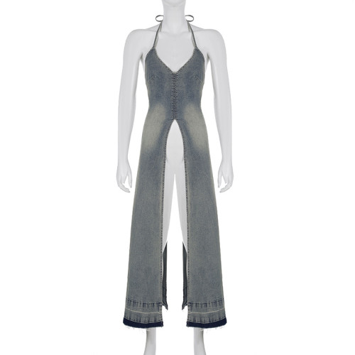 Chest hugging suspender sleeveless hanging denim skirt long skirt