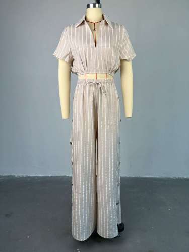 Striped short sleeved shirt high waisted drawstring wide leg pants two-piece set