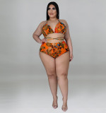 Large size women's vacation print three piece set