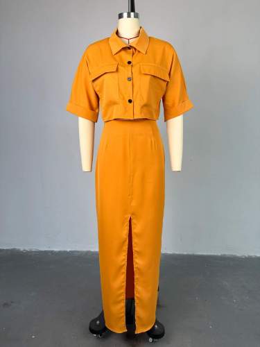 Flip collar short shirt top split hip hugging skirt set