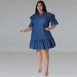 Large size women's denim collar short sleeved dress