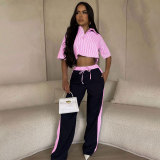 Striped shirt top loose straight leg pants set