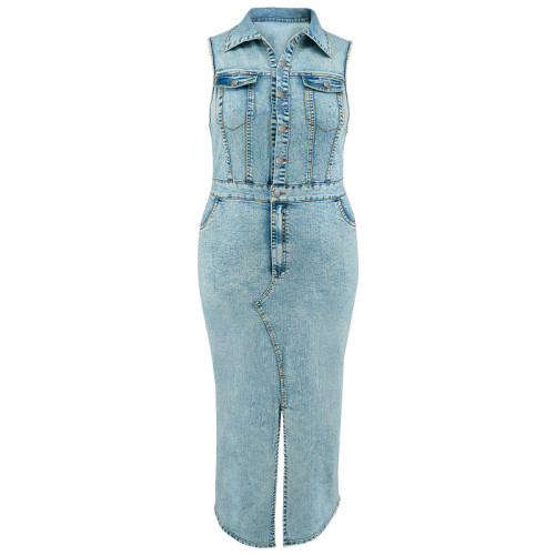 Large size women's denim sleeveless split collar dress