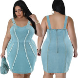 Large denim camisole fringe sleeveless short dress