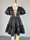 V-neck bubble sleeve high waisted A-line dress