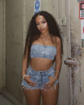 Embroidered strapless elastic shorts set