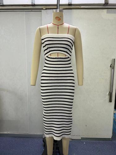 One shoulder strapless striped knitted hip hugging dress
