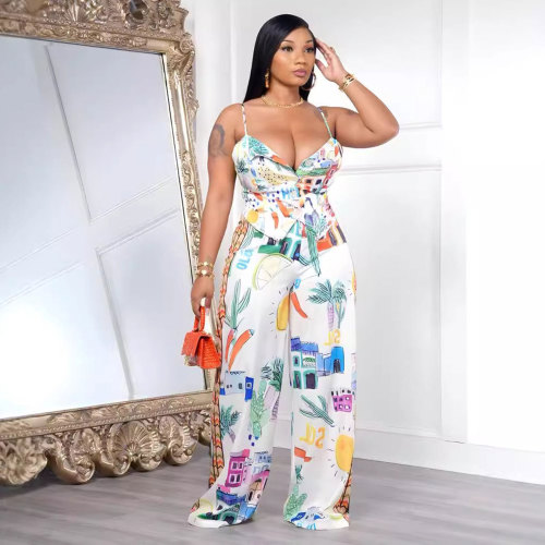 High waist wide leg adjustable shoulder strap print set