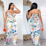 High waist wide leg adjustable shoulder strap print set