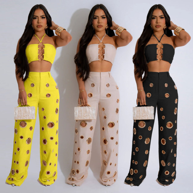 Broken hole slim fit two-piece set