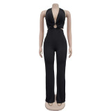 Women's solid color V-neck long pants jumpsuit