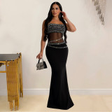Women's rhinestone mesh dress, long skirt