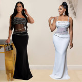 Women's rhinestone mesh dress, long skirt