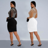 Women's mesh rhinestone long sleeved short skirt dress