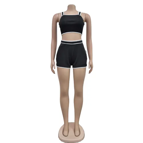 Women's solid color suspender shorts two-piece set