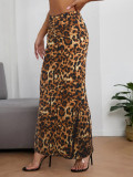 Leopard print half body wrapped buttocks fish tail long skirt