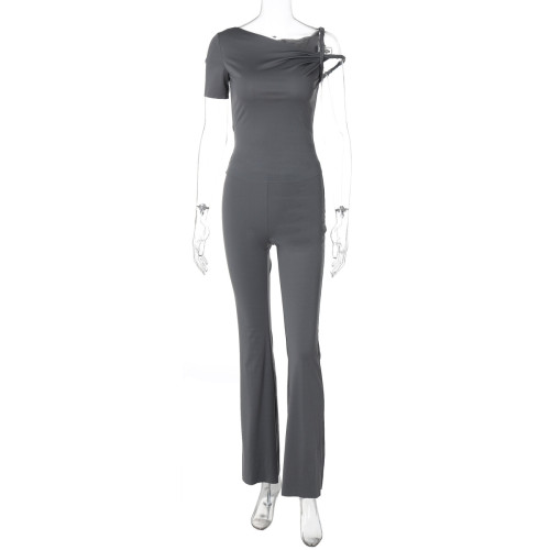 Slanted collar single shoulder short sleeved top and pants set