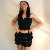One line strapless pleated cake skirt set