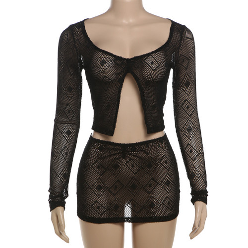 Hollow perspective exposed navel and hip hugging short skirt set