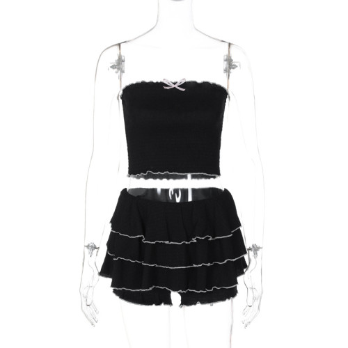 One line strapless pleated cake skirt set