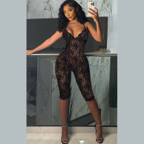 Deep V-lace see through sleeveless high waisted jumpsuit