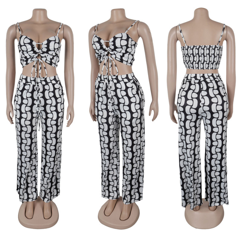 Printed strap hollow suspender wide leg pants two-piece set