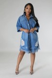 Washed loose short sleeved long dress with holes