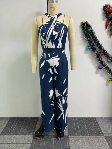 Printed hollow suspender wide leg jumpsuit