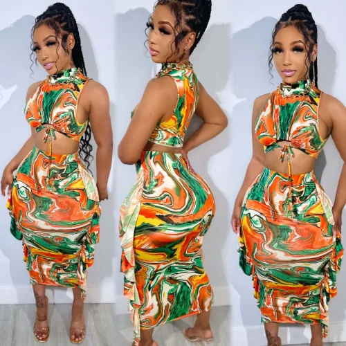 Printed sleeveless headband tied mid length skirt two-piece set