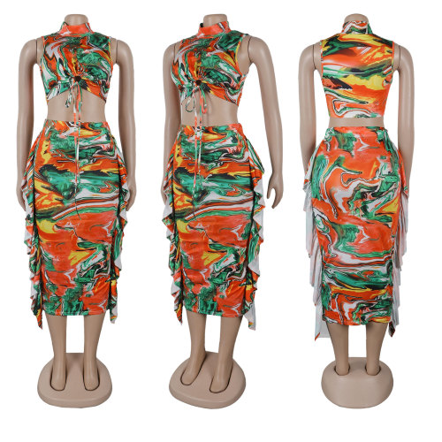 Printed sleeveless headband tied mid length skirt two-piece set