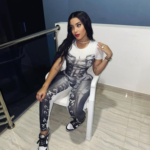 Printed round neck short sleeved tight jumpsuit