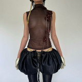 Strap up puffy skirt, half body ultra short skirt