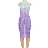 Half high neck sleeveless gradient tassel wrapped hip dress