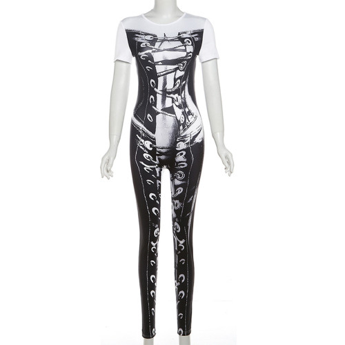 Printed round neck short sleeved tight jumpsuit