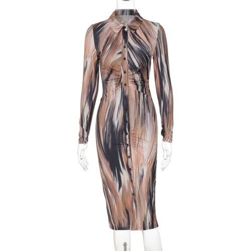 Long sleeved lapel style mid length skirt