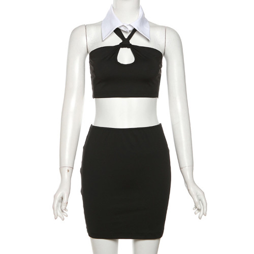 Polo collar hanging neck strapless mini skirt two-piece set