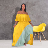 One shoulder pearl chiffon pleated patchwork long skirt