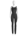 Elastic high waisted jumpsuit workwear pants set