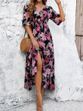 Printed slit V-neck long skirt
