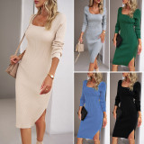Square collar woolen dress