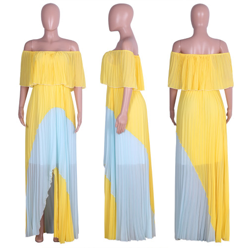 One shoulder pearl chiffon pleated patchwork long skirt