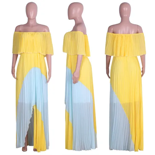 One shoulder pearl chiffon pleated patchwork long skirt